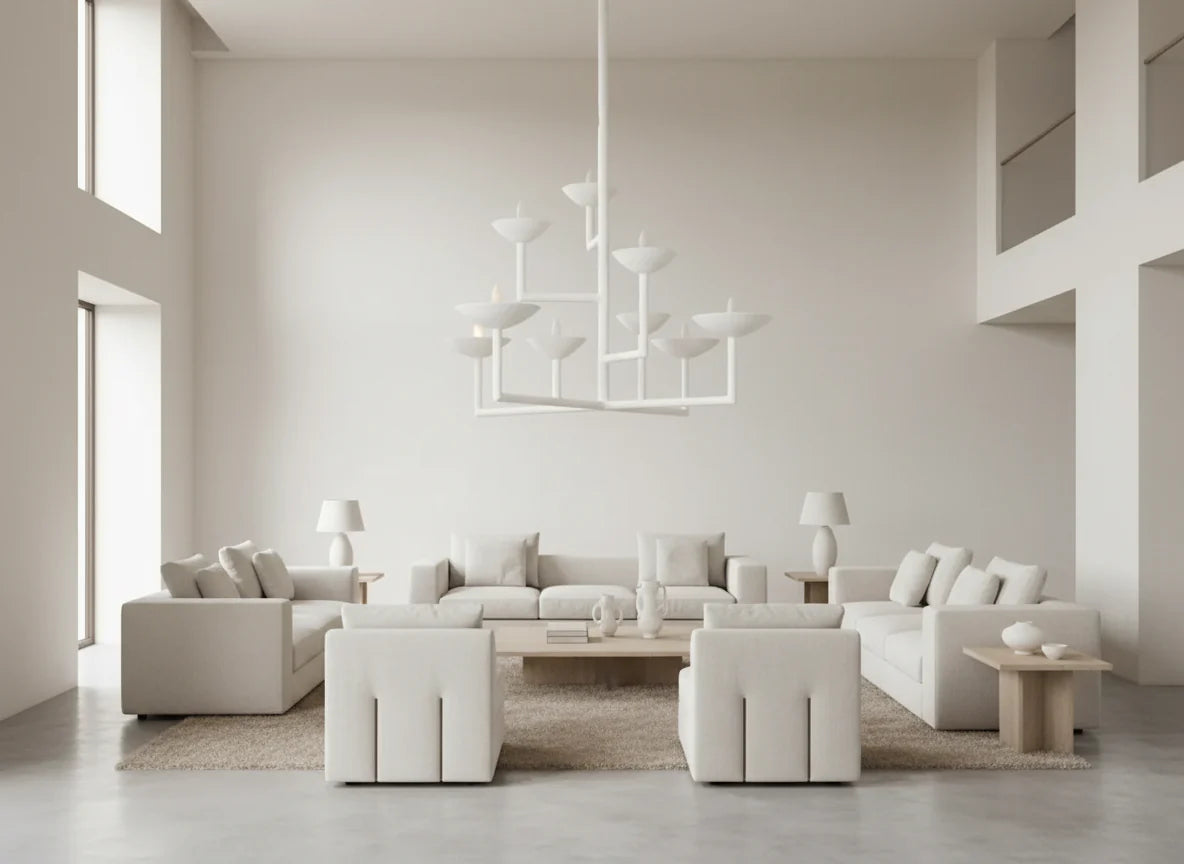 9 Cup Rectangular Chandelier with White Finish